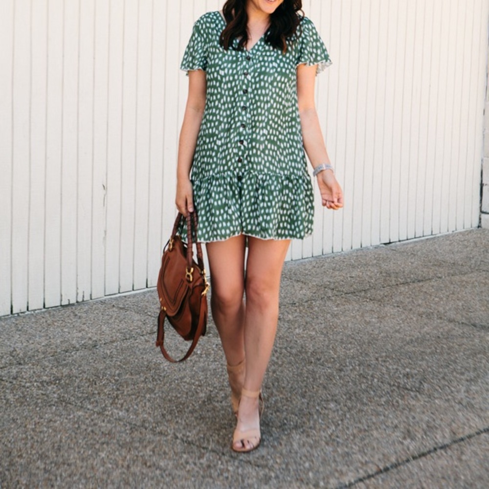 Polka Dot Button Ruffles Tunic T-Shirt Shift Dress